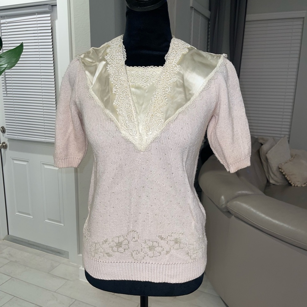 Gunne Sax Vintage 70s Lace Collar knit Sweater XS / S